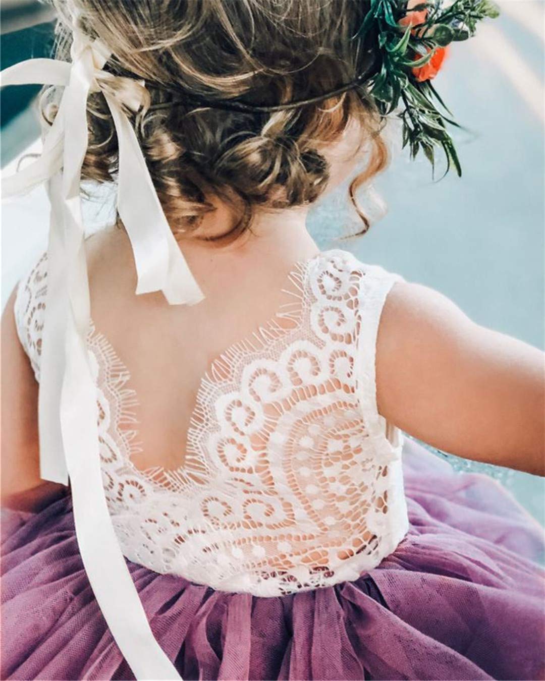 2Bunnies Flower Girl Dress Peony Lace Back A-Line Sleeveless Tiered Tulle Short (Mauve) - 2BUNNIES