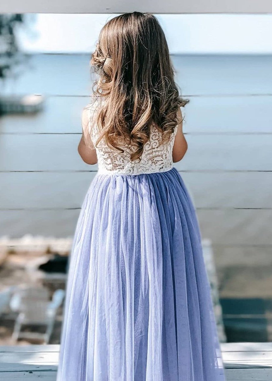 2Bunnies Flower Girl Dress Peony Lace Back A-Line Sleeveless Straight Tulle Maxi (Bluish Gray) - 2BUNNIES