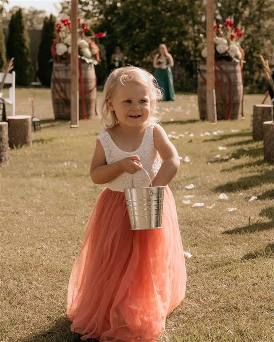 2Bunnies Flower Girl Dress Peony Lace Back A-Line Sleeveless Straight Tulle Maxi (Dusty Pink) - 2BUNNIES