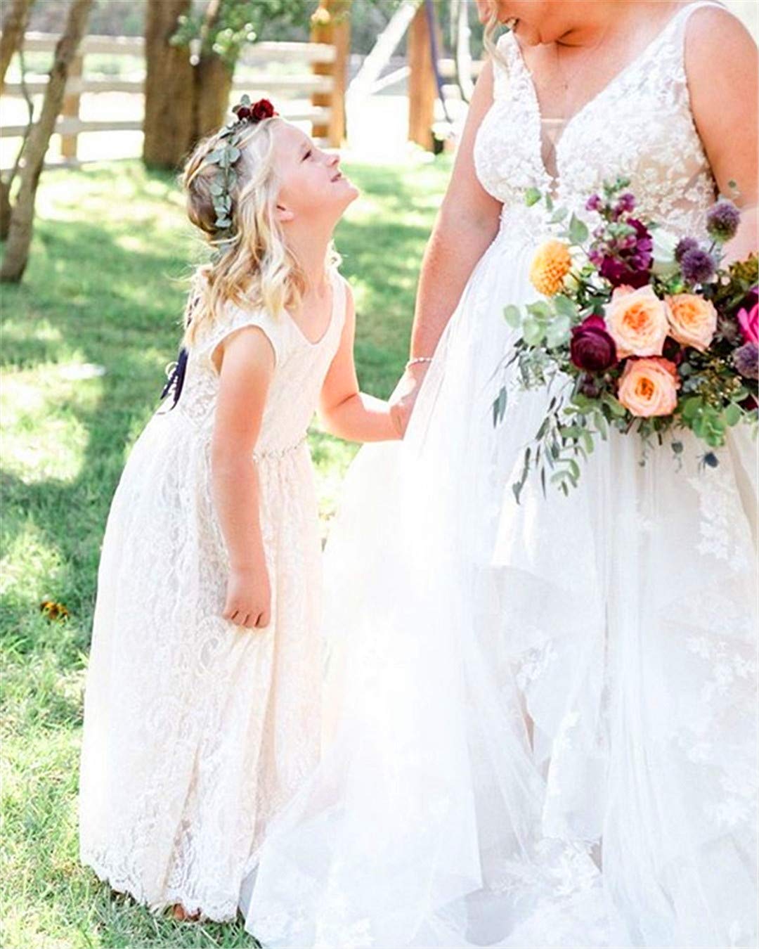 2Bunnies Flower Girl Dress Paisley All Lace Sleeveless Maxi (Ivory) - 2BUNNIES