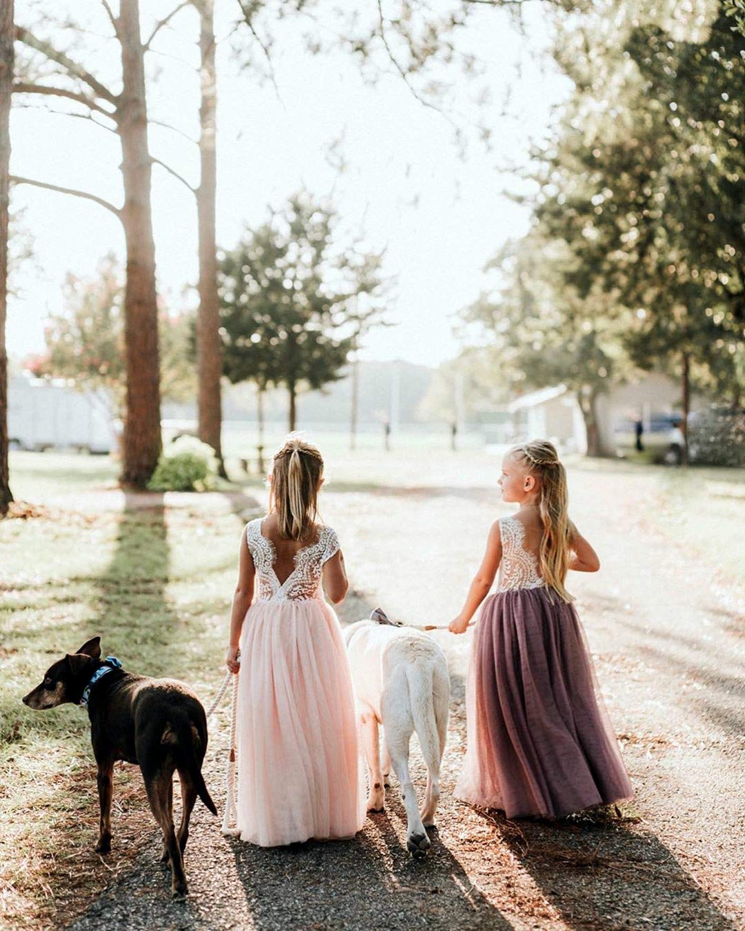 2Bunnies Flower Girl Dress Peony Lace Back A-Line Sleeveless Straight Tulle Maxi (Pink) - 2BUNNIES