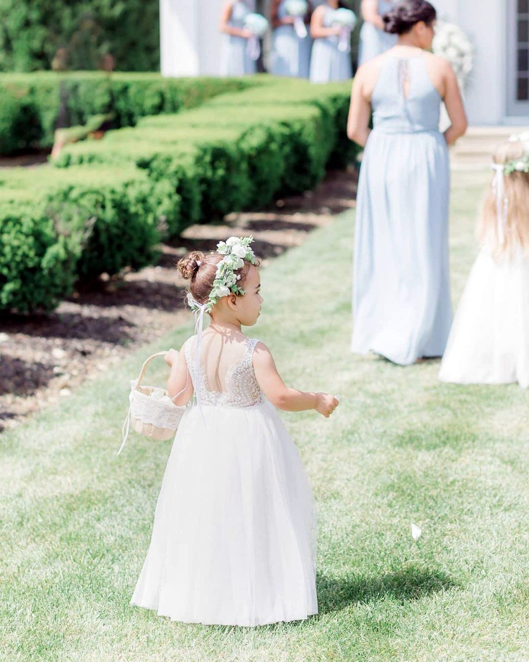 2Bunnies Flower Girl Dress Peony Lace Back A-Line Sleeveless Straight Tulle Maxi (White) - 2BUNNIES