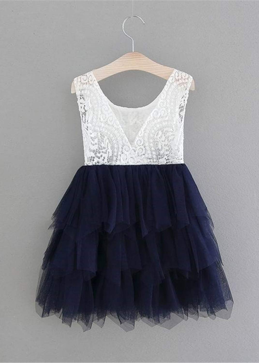 Girls' Peony Lace Tiered Sleeveless Knee Flower Girl Dress in Navy Blue 9-10 years / Navy Girls' Peony Lace Tiered Sleeveless Knee Flower Girl Dress in Navy Blue 9-10 years / Navy