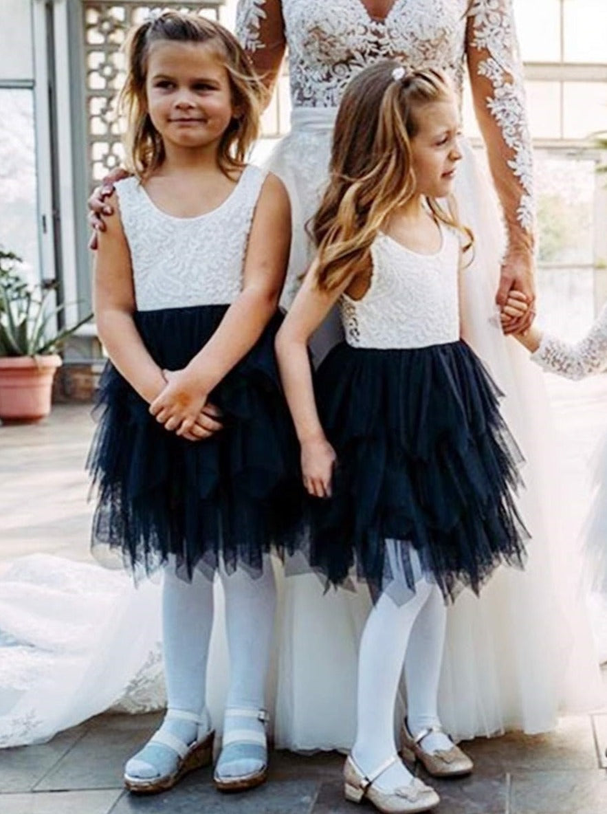 2Bunnies Flower Girl Dress Peony Lace Back A-Line Sleeveless Tiered Tulle Short (Navy Blue) - 2BUNNIES