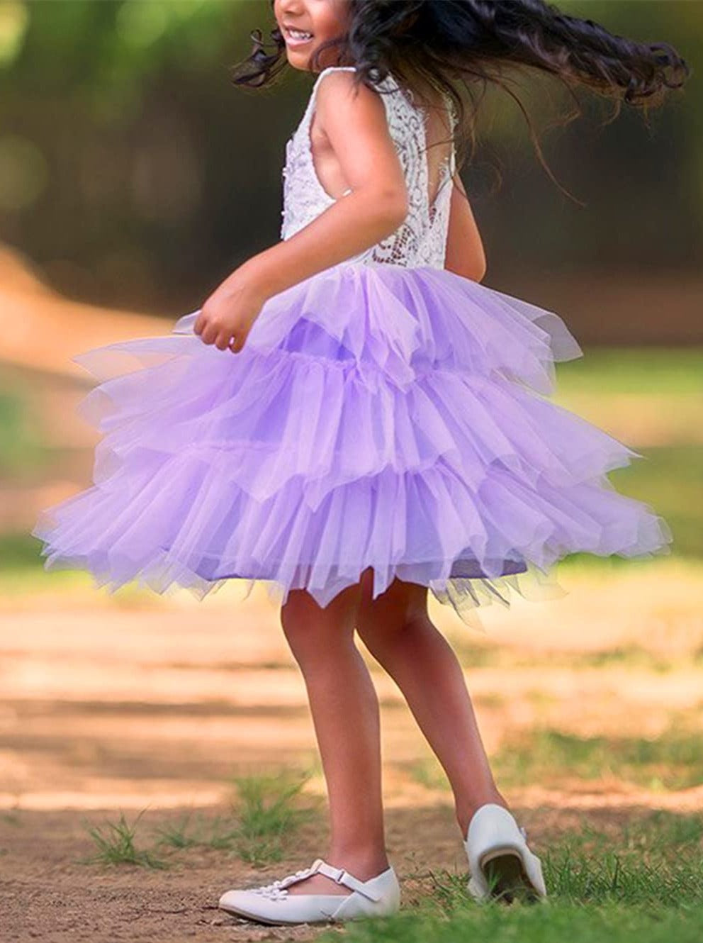 2Bunnies Flower Girl Dress Peony Lace Back A-Line Sleeveless Tiered Tulle Short (Purple) - 2BUNNIES
