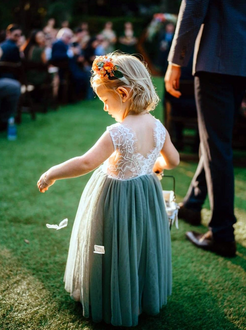 2Bunnies Flower Girl Dress Rose Lace Back A-Line Sleeveless Straight Tulle Maxi (Sage) - 2BUNNIES