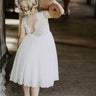 2Bunnies Flower Girl Dress Rose Lace Back A-Line Sleeveless Straight Tulle Knee (White) - 2BUNNIES