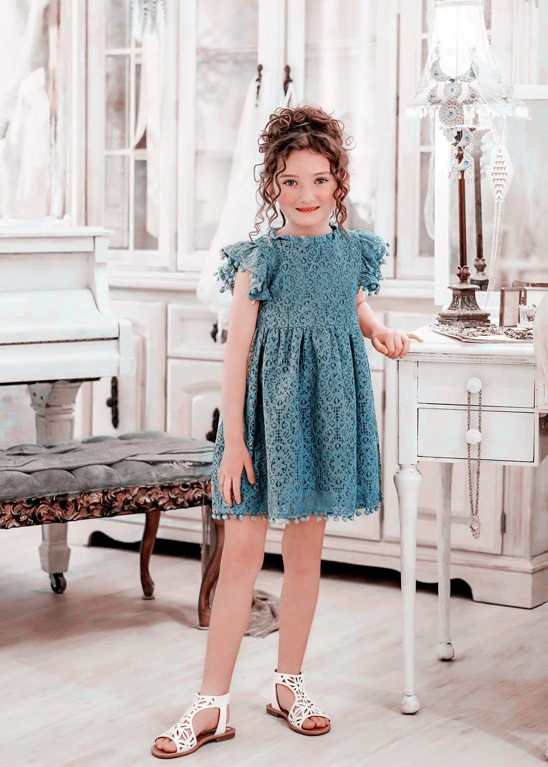 Sunflower Lace Pom Pom Trim Girl Dress in Smoky Blue