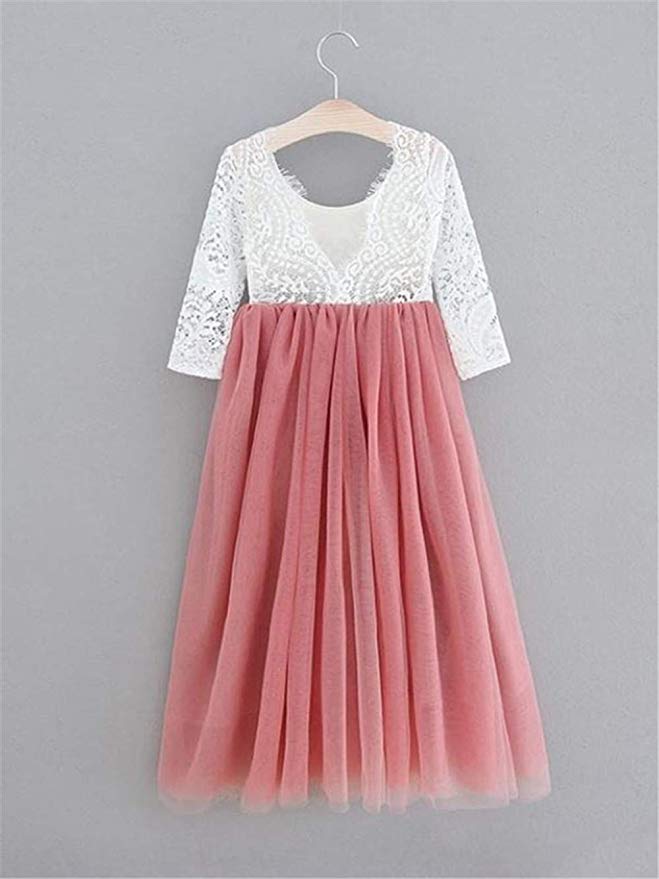 2Bunnies Flower Girl Dress Peony Lace Back A-Line Long Sleeve Straight Tulle Maxi (Dusty Pink) - 2BUNNIES