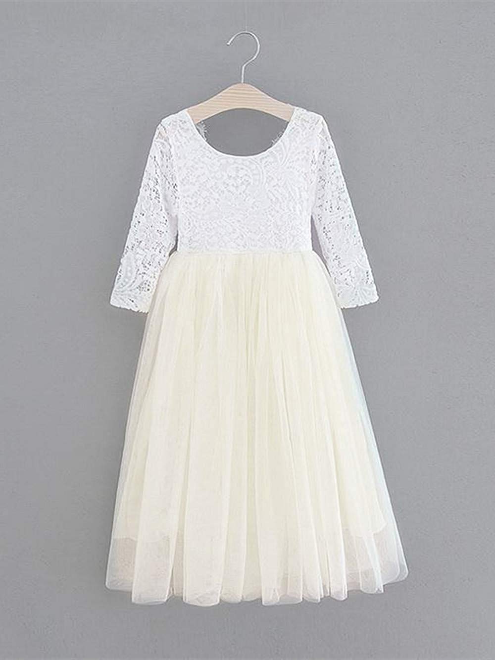 2Bunnies Flower Girl Dress Peony Lace Back A-Line Long Sleeve Straight Tulle Maxi (Ivory) - 2BUNNIES