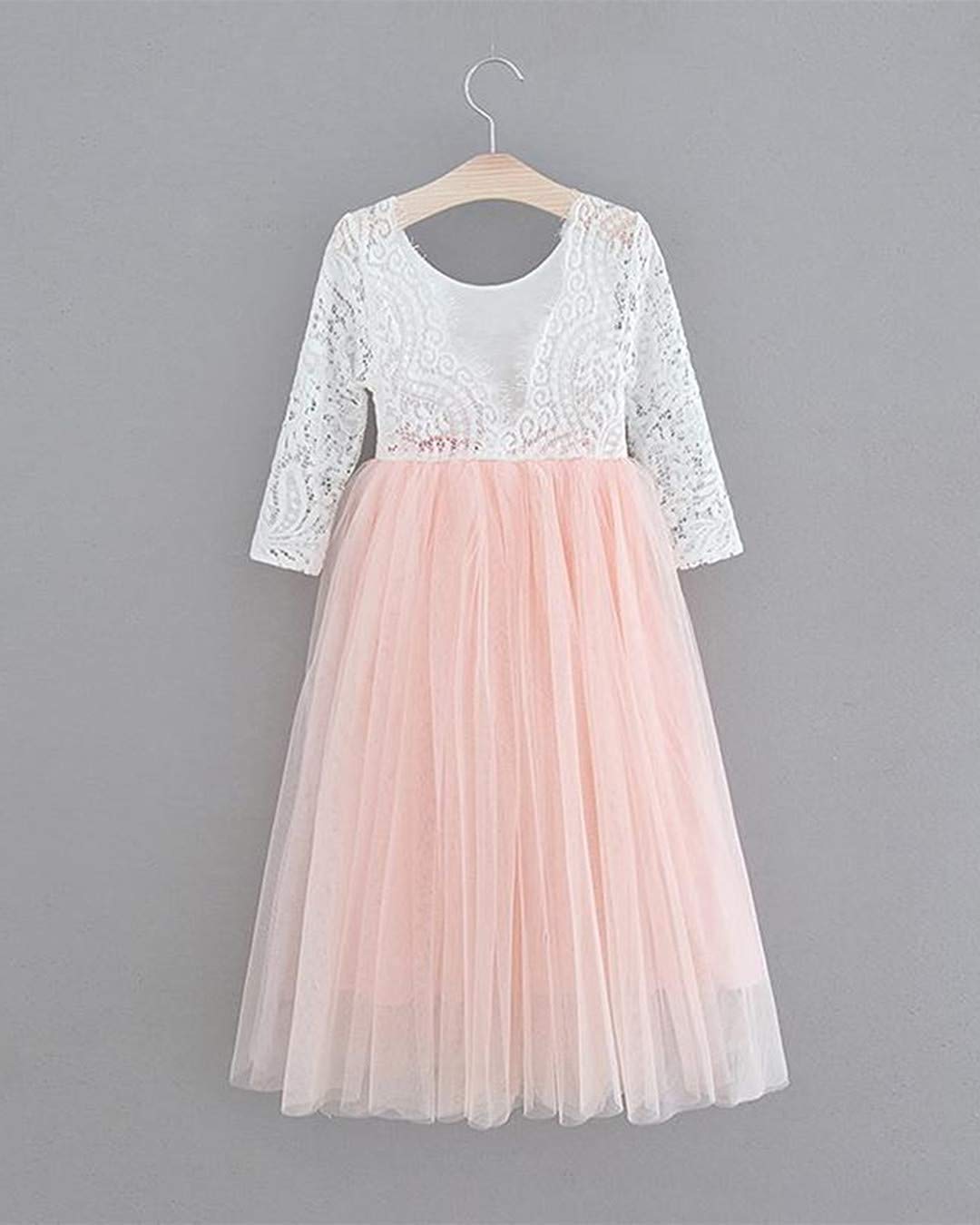 2Bunnies Flower Girl Dress Peony Lace Back A-Line Long Sleeve Straight Tulle Maxi (Pink) - 2BUNNIES