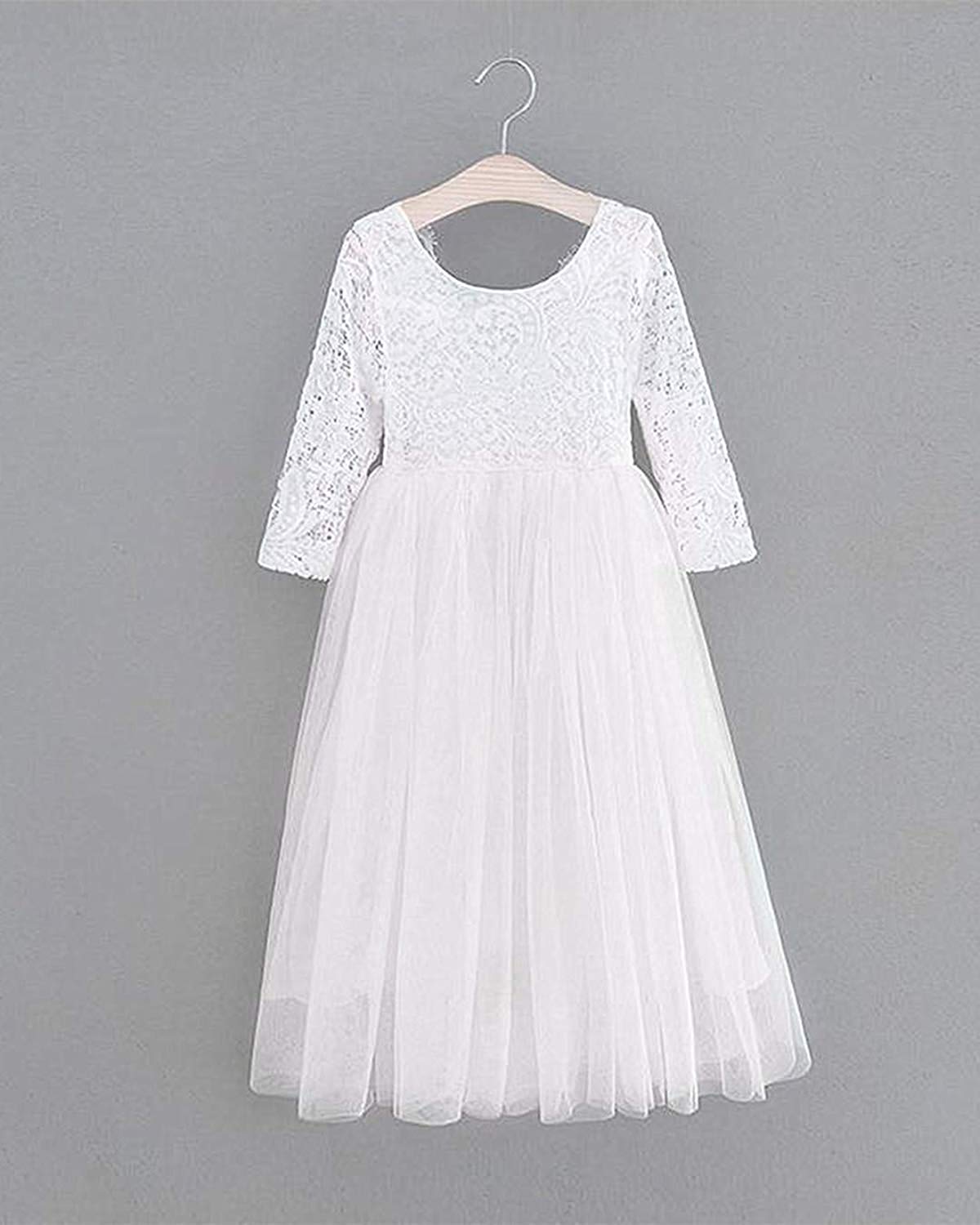 2Bunnies Flower Girl Dress Peony Lace Back A-Line Long Sleeve Straight Tulle Maxi (White) - 2BUNNIES