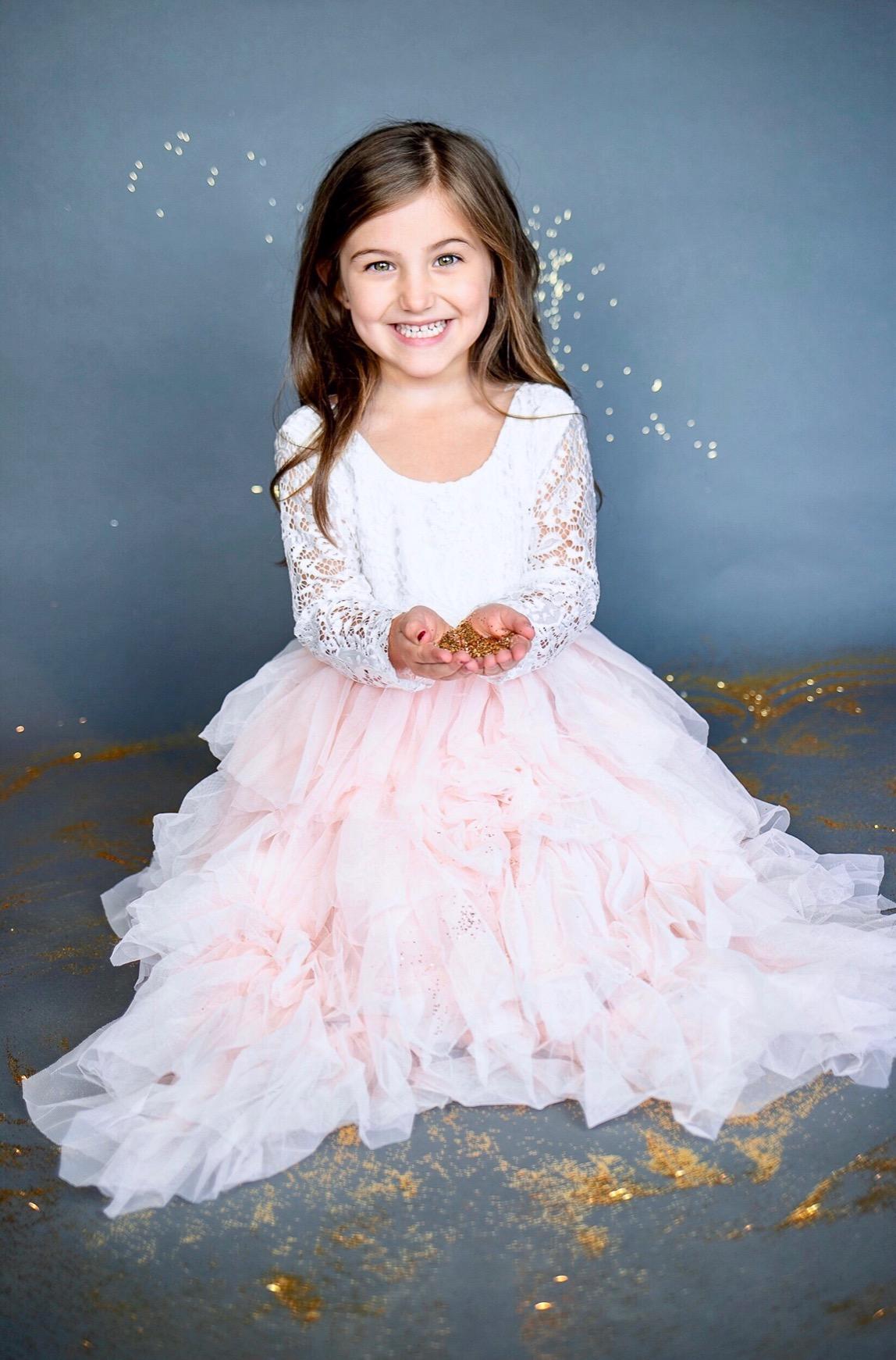 2Bunnies Flower Girl Dress Peony Lace Back A-Line Long Sleeve Tiered Tulle Maxi (Pink) - 2BUNNIES