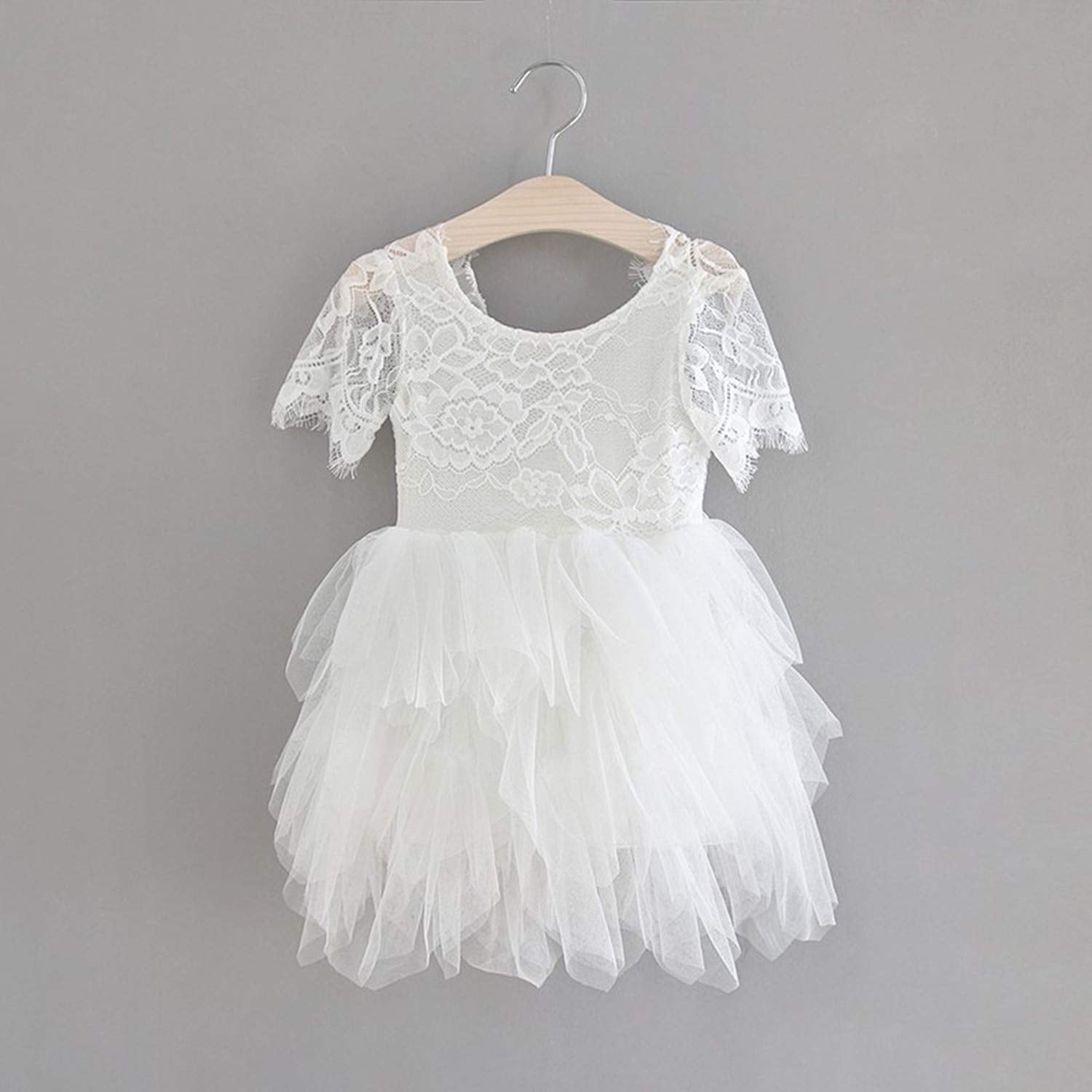 2Bunnies Flower Girl Dress Rose Lace Back A-Line Short Sleeve Tiered Tulle Knee (White) - 2BUNNIES