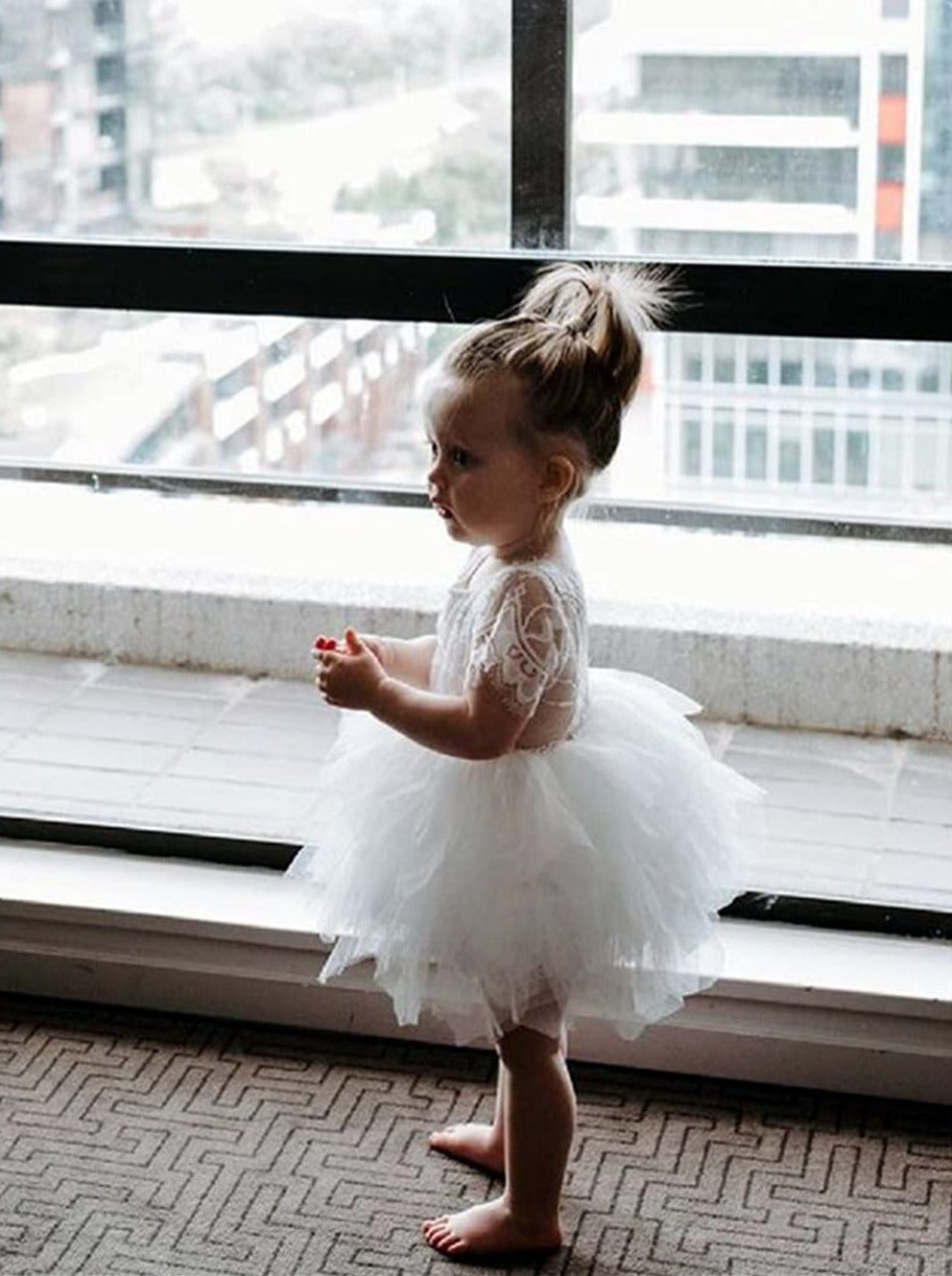 2Bunnies Flower Girl Dress Rose Lace Back A-Line Short Sleeve Tiered Tulle Knee (White) - 2BUNNIES