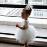 2Bunnies Flower Girl Dress Rose Lace Back A-Line Short Sleeve Tiered Tulle Knee (White) - 2BUNNIES