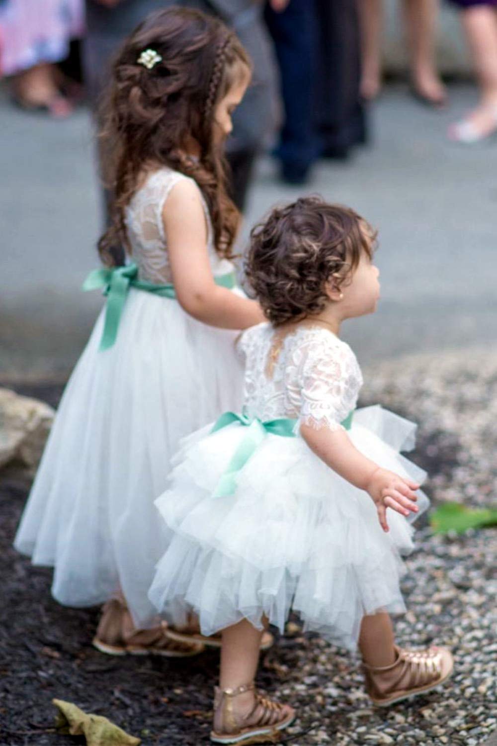 2Bunnies Flower Girl Dress Rose Lace Back A-Line Short Sleeve Tiered Tulle Knee (White) - 2BUNNIES
