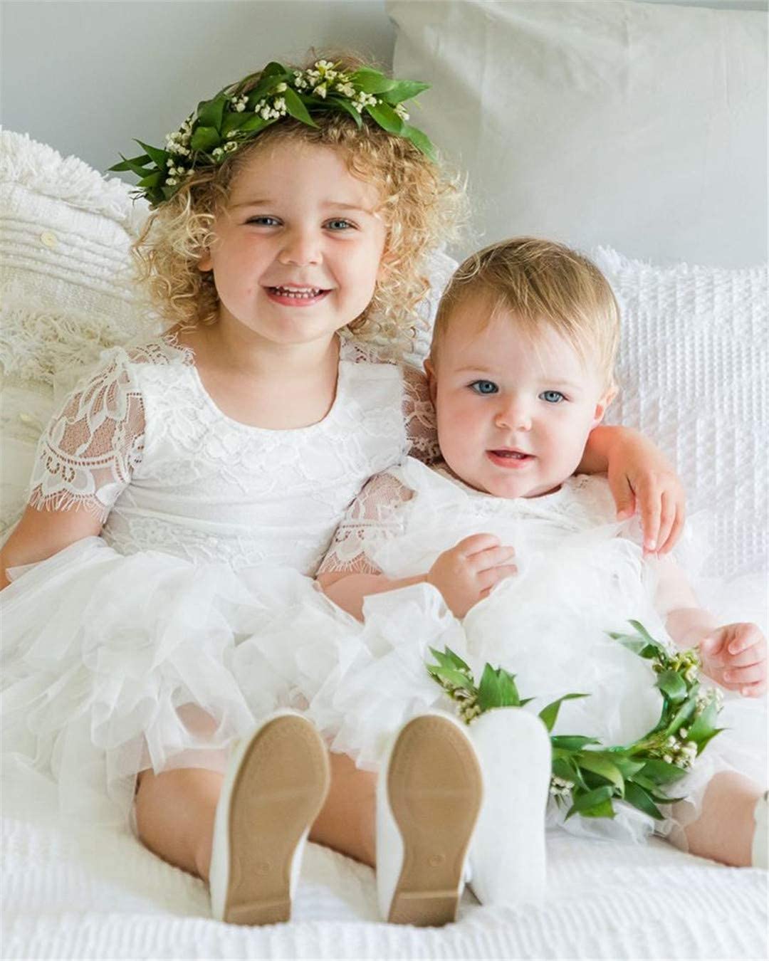 2Bunnies Flower Girl Dress Rose Lace Back A-Line Short Sleeve Tiered Tulle Knee (White) - 2BUNNIES