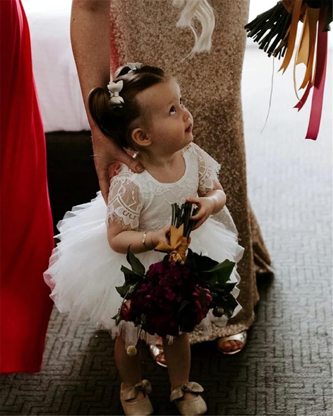2Bunnies Flower Girl Dress Rose Lace Back A-Line Short Sleeve Tiered Tulle Knee (White) - 2BUNNIES