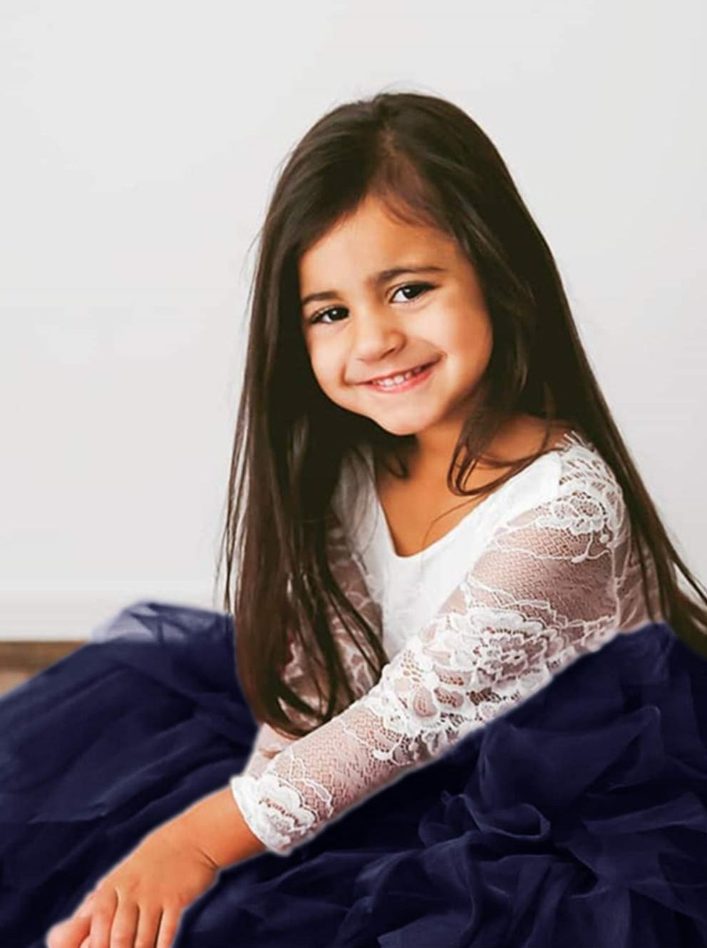 2Bunnies Flower Girl Dress Rose Lace Back A-Line Long Sleeve Tiered Tulle Knee (Navy) - 2BUNNIES