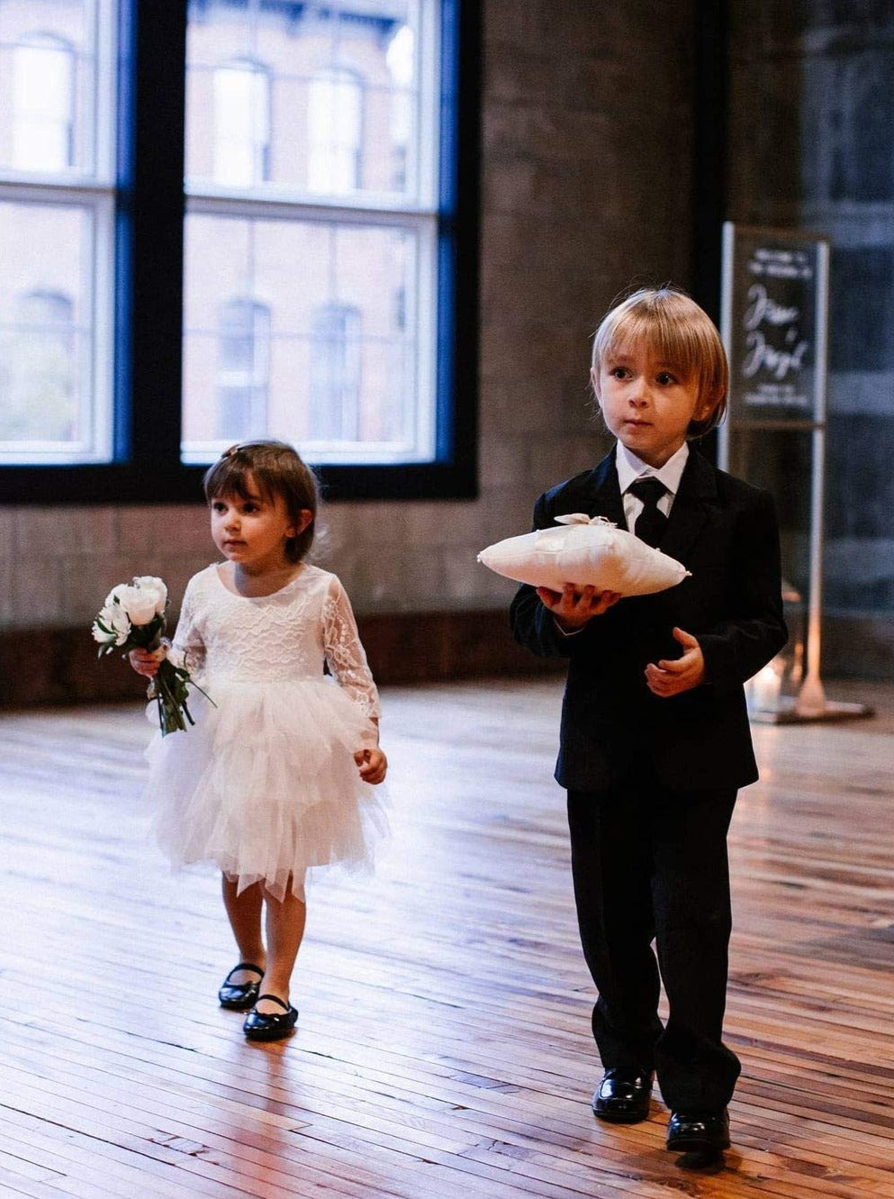 2Bunnies Flower Girl Dress Rose Lace Back A-Line Long Sleeve Tiered Tulle Knee (White) - 2BUNNIES
