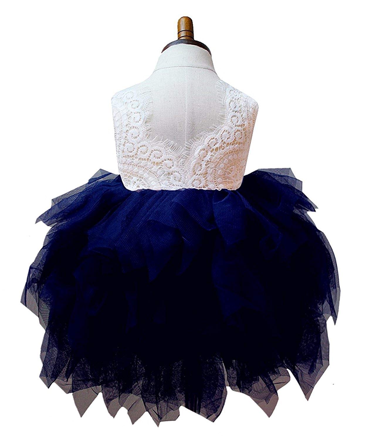 2Bunnies Flower Girl Dress Peony Lace Back A-Line Sleeveless Tiered Tulle Short (Navy Blue) - 2BUNNIES