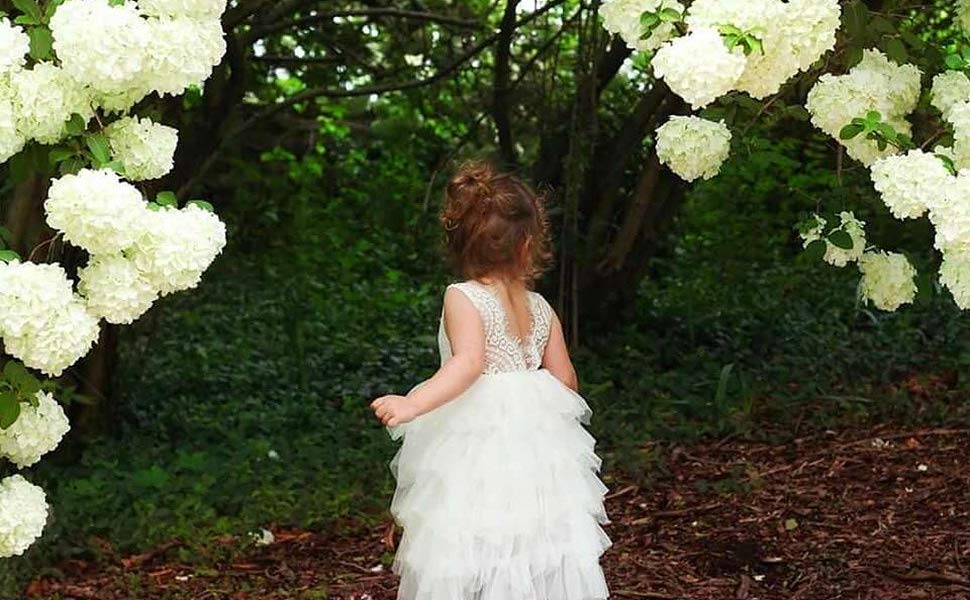2Bunnies Flower Girl Dress Peony Lace Back A-Line Sleeveless Tiered Tulle Maxi (white) - 2BUNNIES