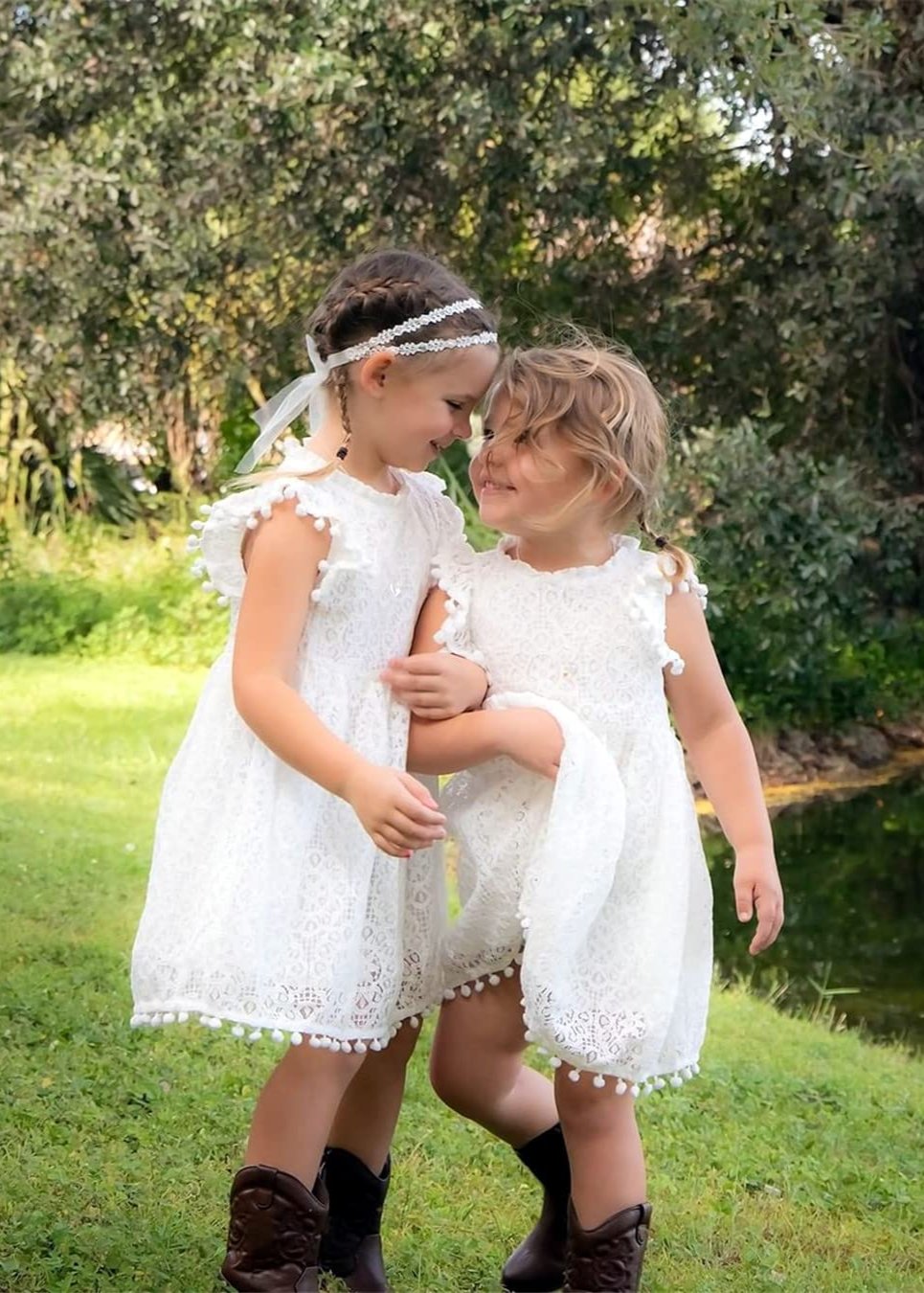 Sunflower Lace Pom Pom Trim Girl Dress in White