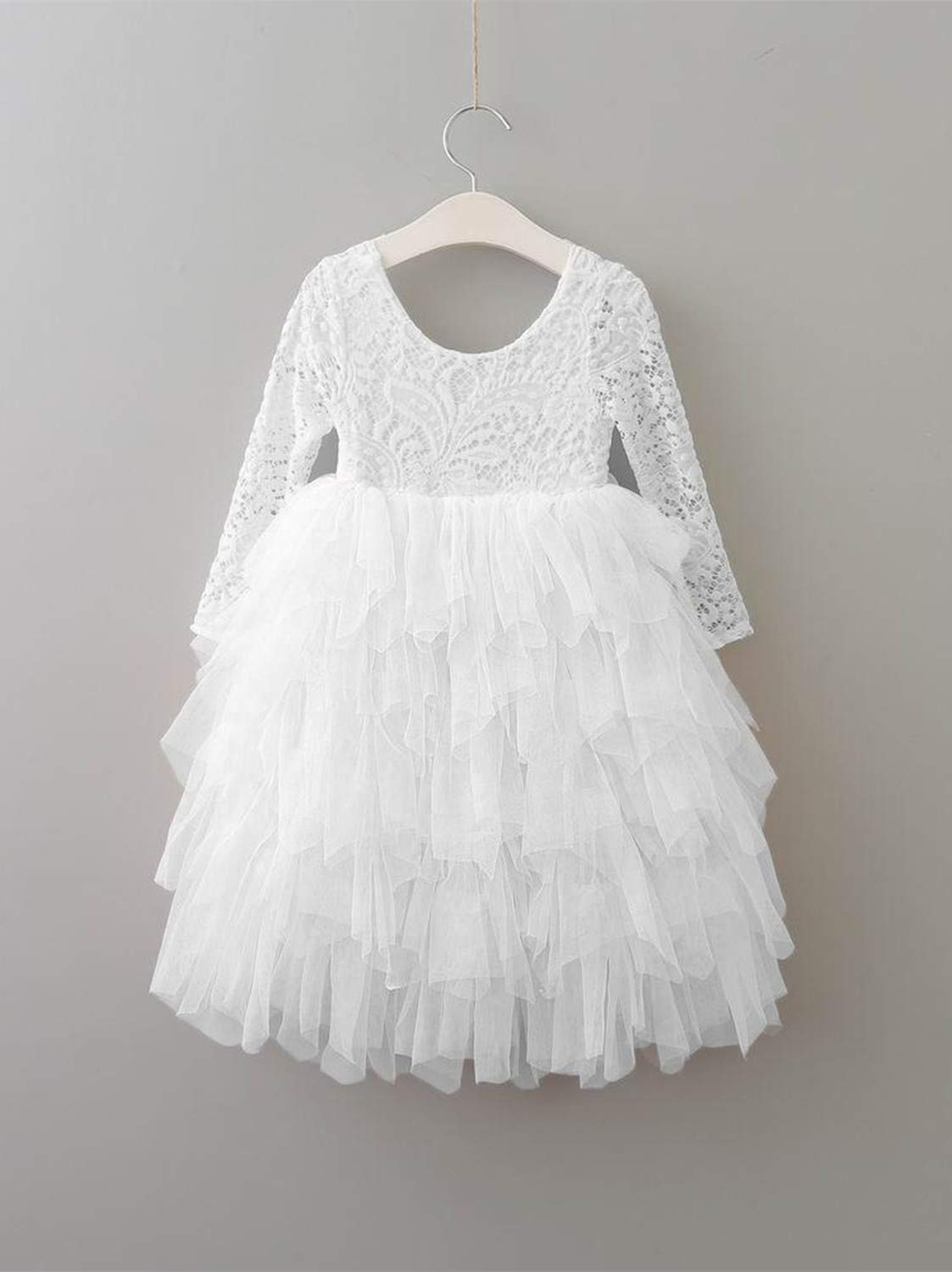 2Bunnies Flower Girl Dress Peony Lace Back A-Line Long Sleeve Tiered Tulle Maxi (White) - 2BUNNIES