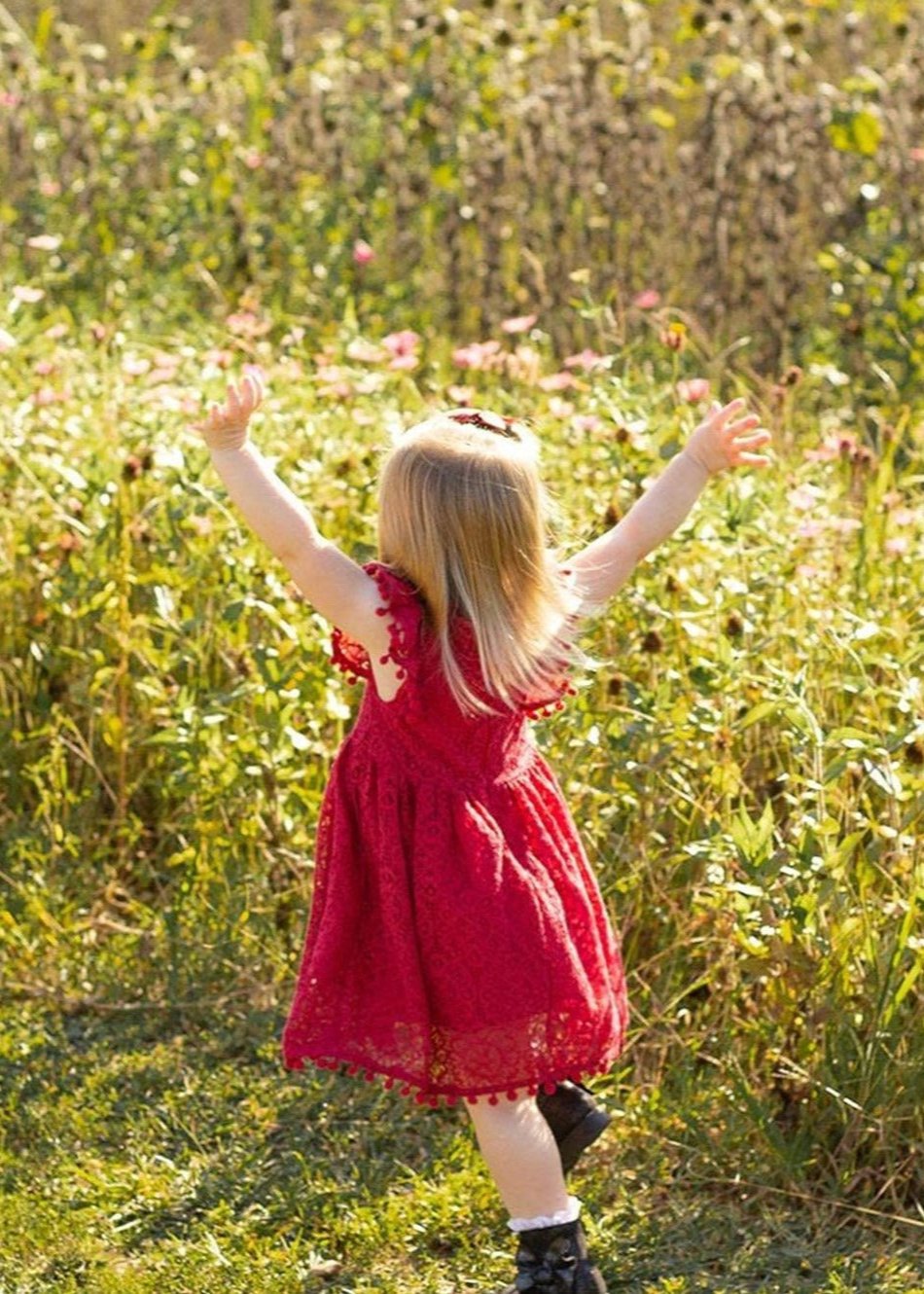 Sunflower Lace Pom Pom Trim Girl Dress in Wine Red